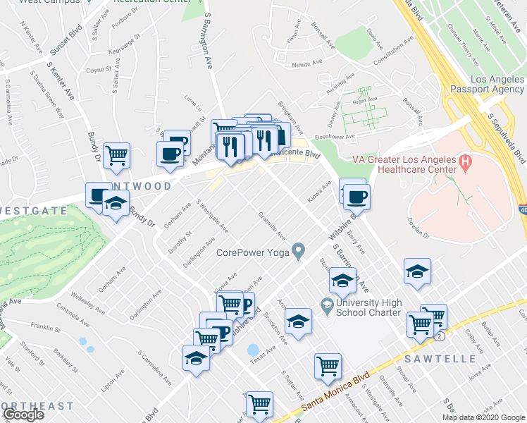 map of restaurants, bars, coffee shops, grocery stores, and more near 11753 Mayfield Avenue in Los Angeles