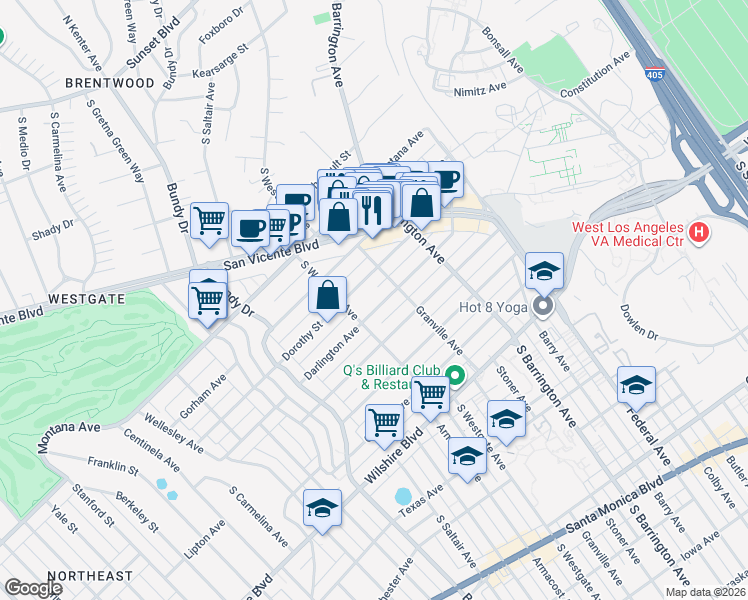 map of restaurants, bars, coffee shops, grocery stores, and more near 11818 Dorothy Street in Los Angeles