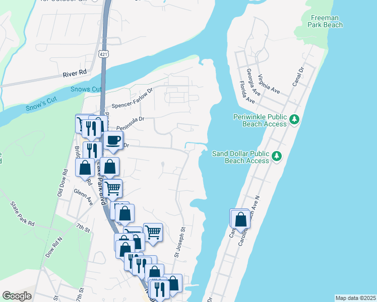 map of restaurants, bars, coffee shops, grocery stores, and more near 805 Teakwood Drive in Carolina Beach