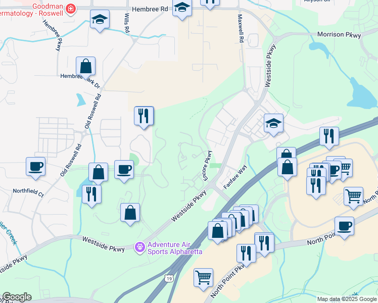 map of restaurants, bars, coffee shops, grocery stores, and more near 1600 Somerby Court in Alpharetta