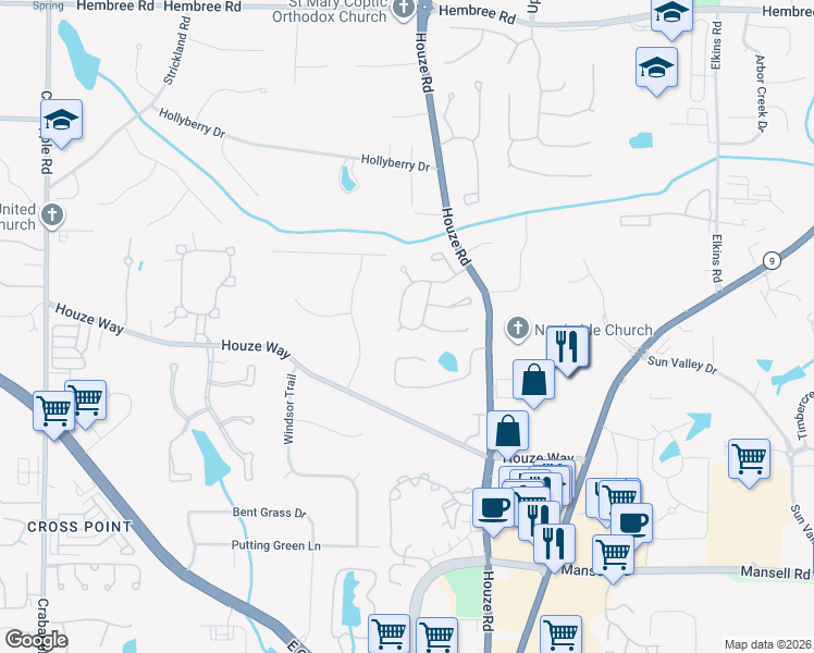map of restaurants, bars, coffee shops, grocery stores, and more near 865 Whitehall Way in Roswell