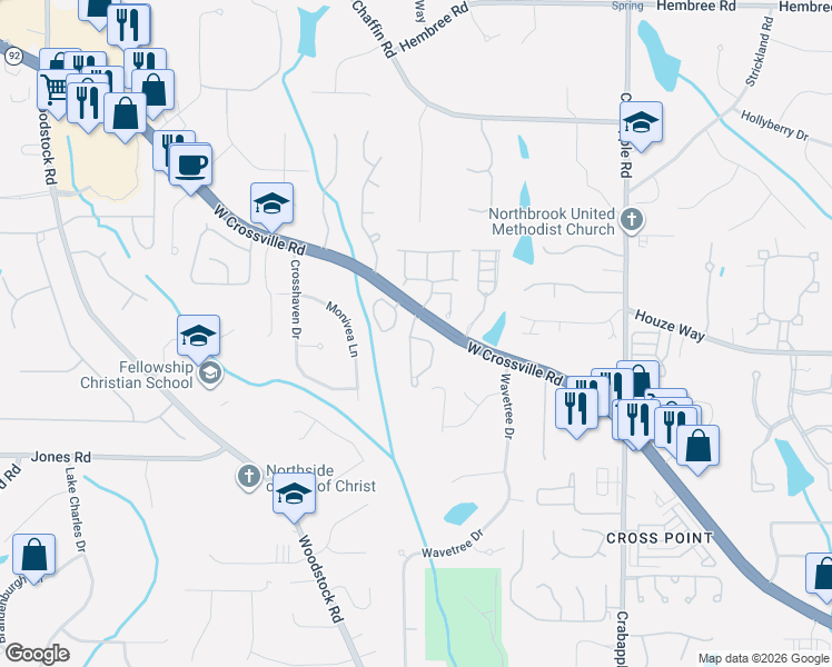 map of restaurants, bars, coffee shops, grocery stores, and more near 5015 Foxberry Lane in Roswell