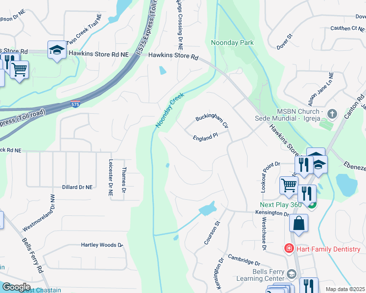 map of restaurants, bars, coffee shops, grocery stores, and more near 375 Buckingham Drive in Marietta
