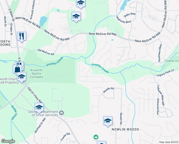 map of restaurants, bars, coffee shops, grocery stores, and more near 4146 McEver Park Drive in Acworth