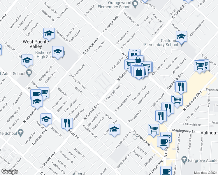 map of restaurants, bars, coffee shops, grocery stores, and more near 1828 South Stargaze Drive in West Covina