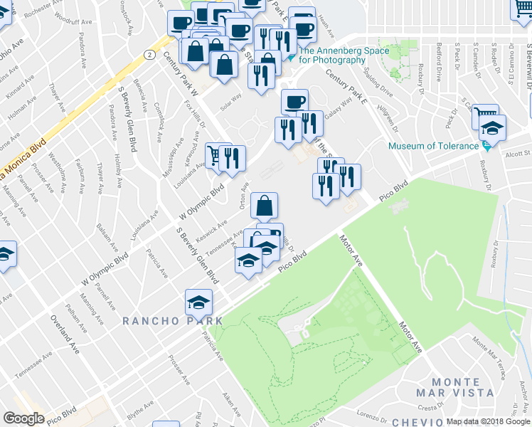 map of restaurants, bars, coffee shops, grocery stores, and more near Fox Hills Drive in Los Angeles