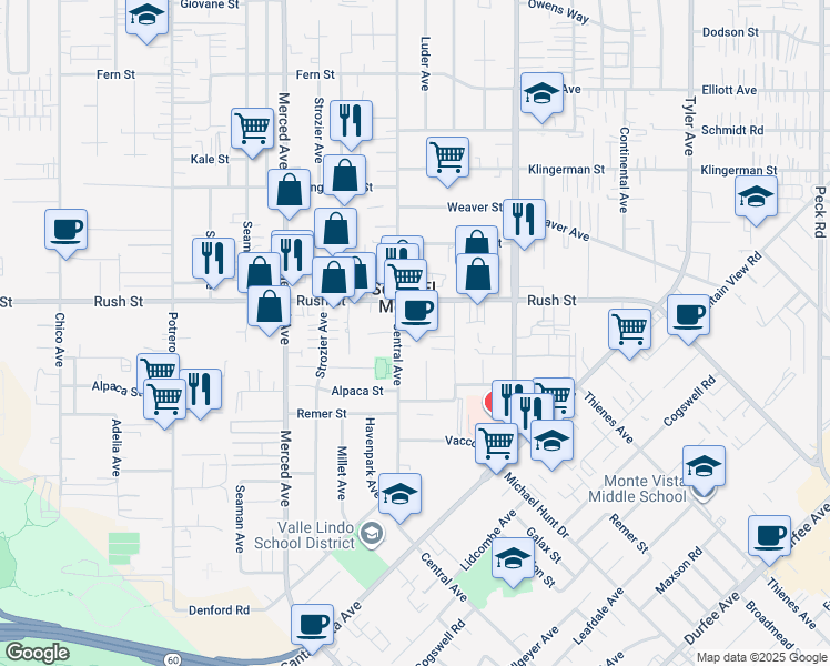 map of restaurants, bars, coffee shops, grocery stores, and more near in South El Monte