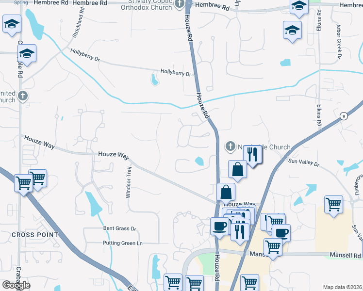 map of restaurants, bars, coffee shops, grocery stores, and more near 865 Whitehall Way in Roswell