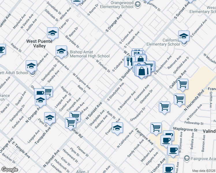 map of restaurants, bars, coffee shops, grocery stores, and more near 1461 Stardust Drive in West Covina