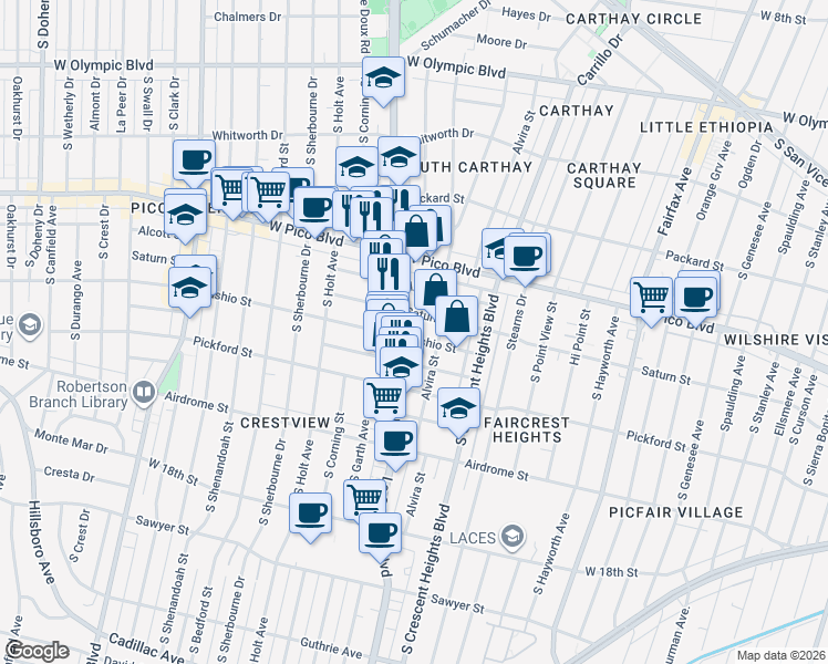 map of restaurants, bars, coffee shops, grocery stores, and more near 6137 1/2 Saturn Street in Los Angeles