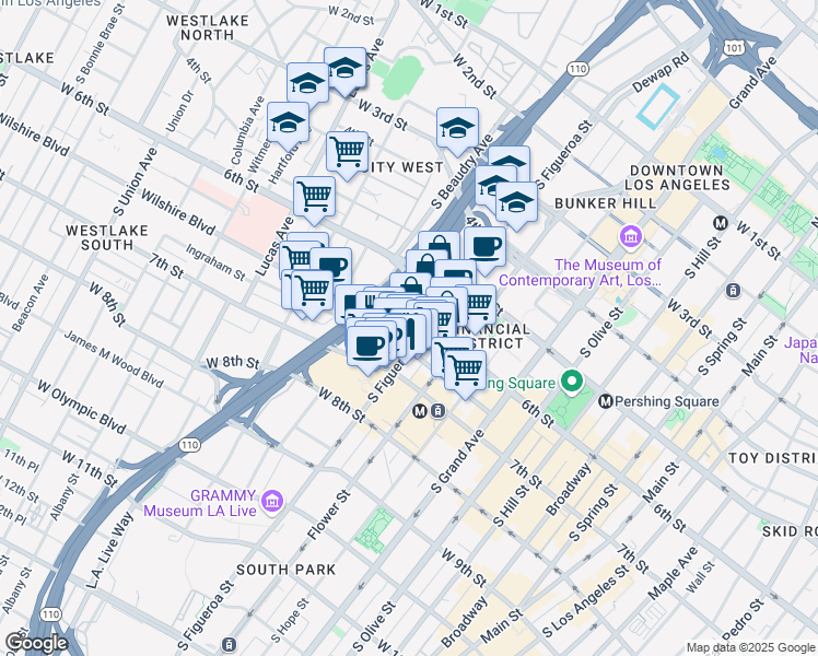 map of restaurants, bars, coffee shops, grocery stores, and more near 601 South Figueroa Street in Los Angeles