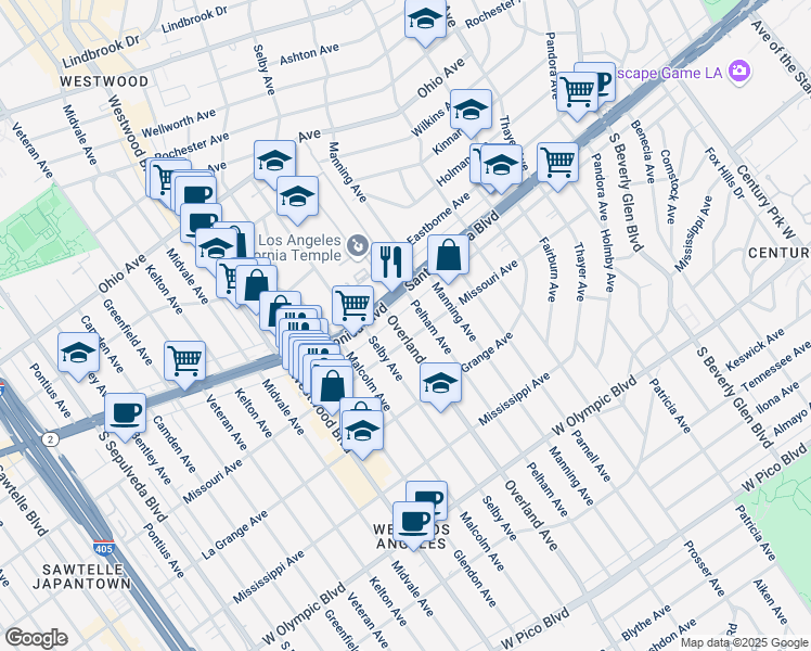 map of restaurants, bars, coffee shops, grocery stores, and more near 1822 Overland Avenue in Los Angeles