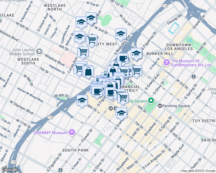 map of restaurants, bars, coffee shops, grocery stores, and more near 601 South Figueroa Street in Los Angeles