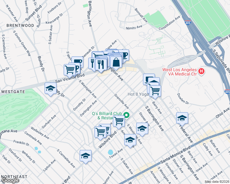 map of restaurants, bars, coffee shops, grocery stores, and more near 11753 Mayfield Avenue in Los Angeles