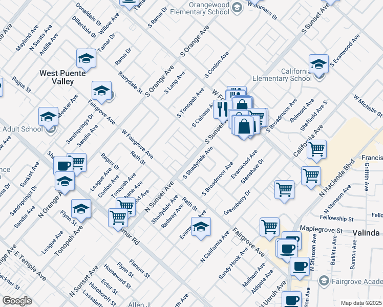 map of restaurants, bars, coffee shops, grocery stores, and more near 1828 South Stargaze Drive in West Covina