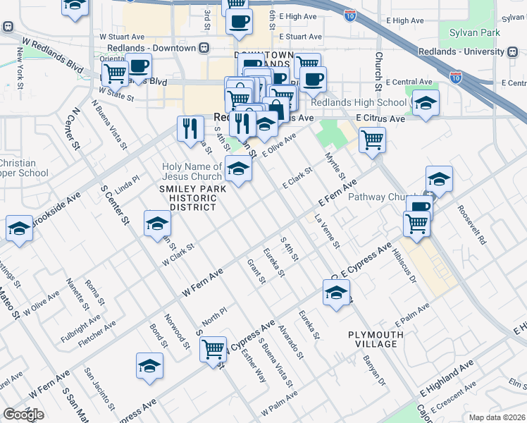 map of restaurants, bars, coffee shops, grocery stores, and more near 316 South 4th Street in Redlands