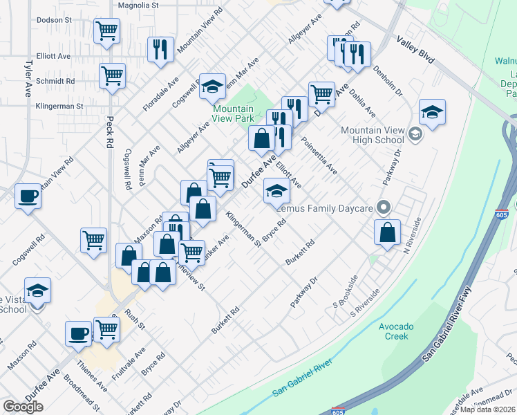 map of restaurants, bars, coffee shops, grocery stores, and more near 12346 Felipe Street in El Monte