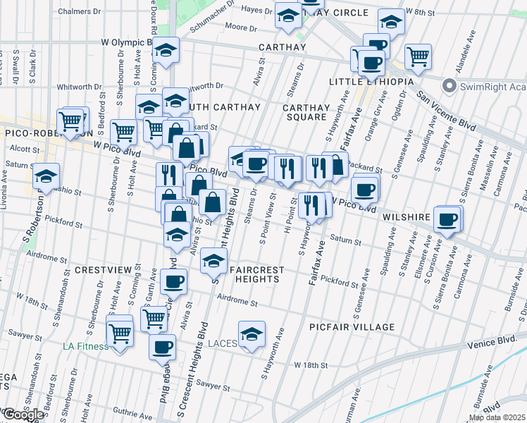 map of restaurants, bars, coffee shops, grocery stores, and more near 1449 South Point View Street in Los Angeles
