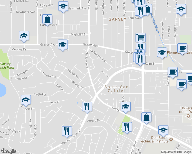 map of restaurants, bars, coffee shops, grocery stores, and more near 1728 Del Mar Avenue in Rosemead