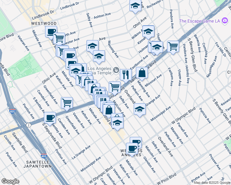 map of restaurants, bars, coffee shops, grocery stores, and more near Santa Monica Boulevard & Selby Avenue in Los Angeles