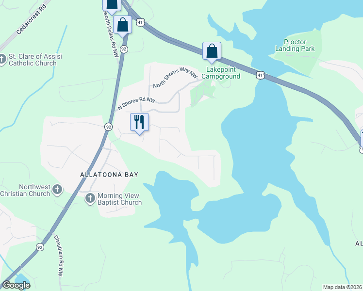 map of restaurants, bars, coffee shops, grocery stores, and more near 5651 Bay Island Cay NW in Acworth