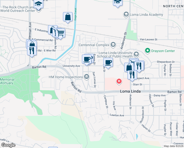 map of restaurants, bars, coffee shops, grocery stores, and more near 11168 San Lucas Drive in Loma Linda