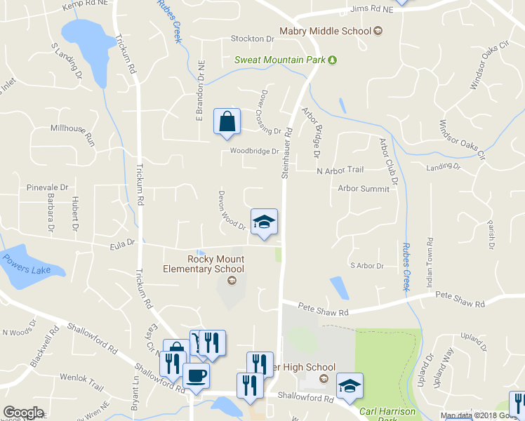 map of restaurants, bars, coffee shops, grocery stores, and more near 3960 Devon Oaks Drive in Marietta