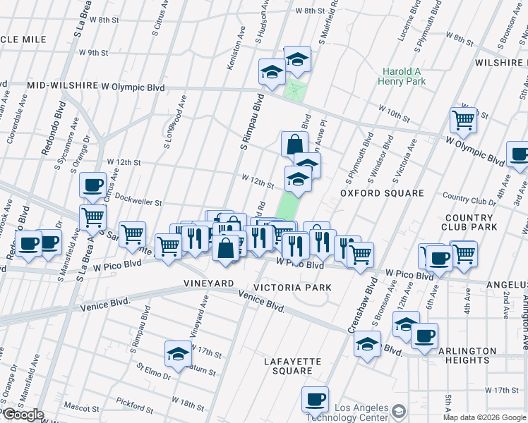 map of restaurants, bars, coffee shops, grocery stores, and more near 1218 South Muirfield Road in Los Angeles