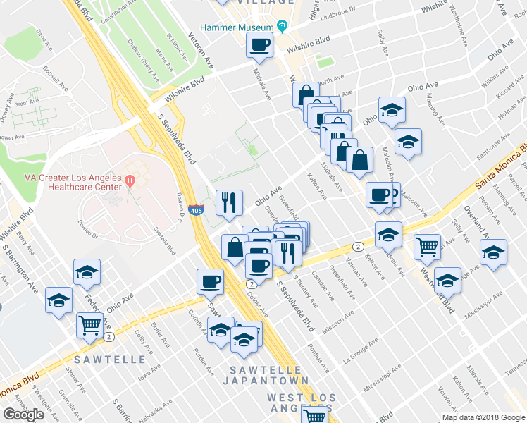 map of restaurants, bars, coffee shops, grocery stores, and more near 1511 Camden Avenue in Los Angeles