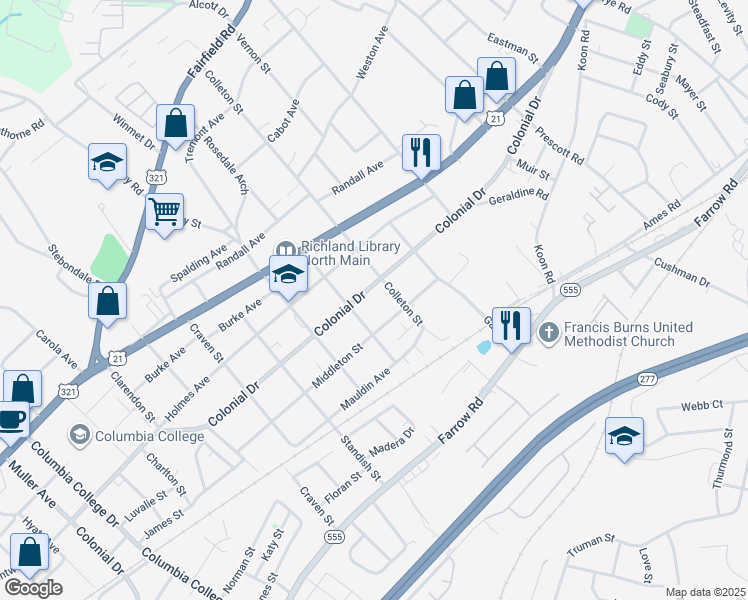 map of restaurants, bars, coffee shops, grocery stores, and more near 5420 Colonial Drive in Columbia
