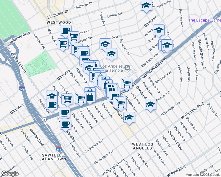 map of restaurants, bars, coffee shops, grocery stores, and more near 1730 Glendon Avenue in Los Angeles