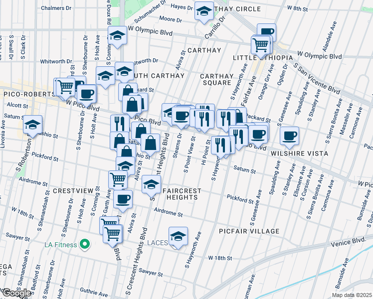 map of restaurants, bars, coffee shops, grocery stores, and more near 1449 South Point View Street in Los Angeles
