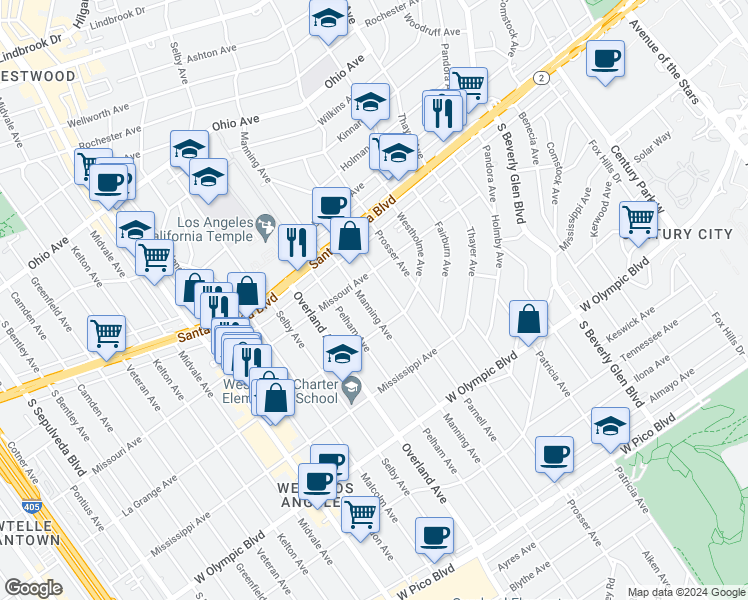 map of restaurants, bars, coffee shops, grocery stores, and more near 1926 Manning Avenue in Los Angeles