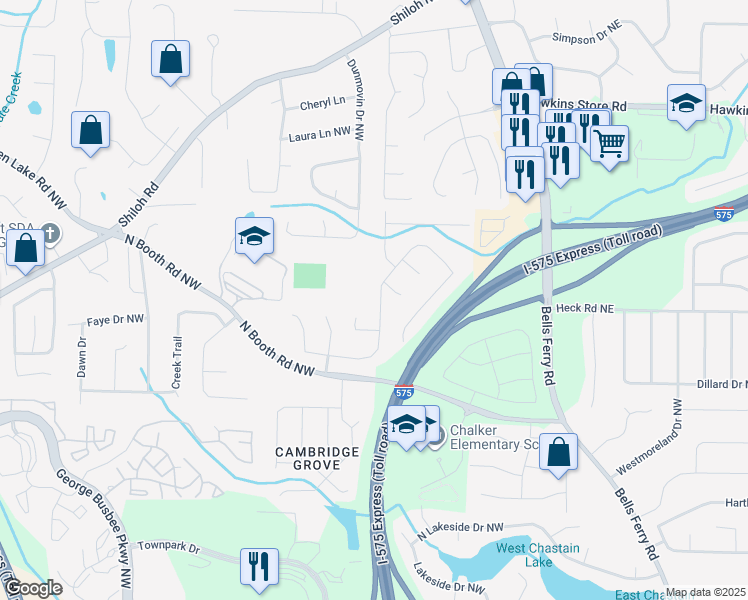 map of restaurants, bars, coffee shops, grocery stores, and more near 4051 Maxanne Drive Northwest in Kennesaw