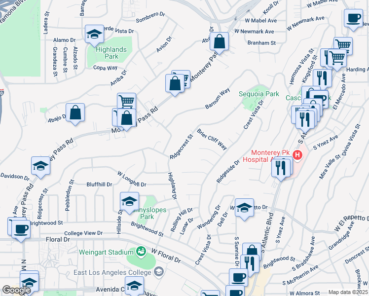 map of restaurants, bars, coffee shops, grocery stores, and more near 876 Ridgecrest Street in Monterey Park