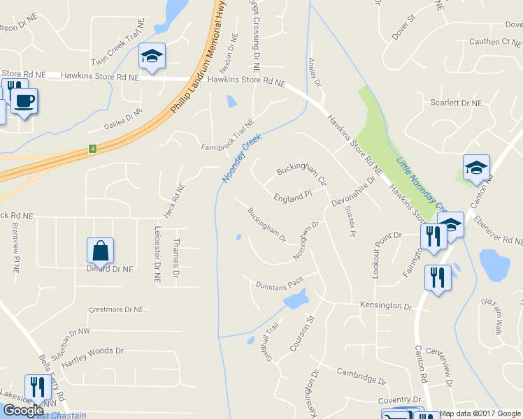 map of restaurants, bars, coffee shops, grocery stores, and more near 375 Buckingham Drive in Marietta