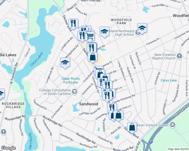 map of restaurants, bars, coffee shops, grocery stores, and more near 2200 Greenoaks Road in Columbia