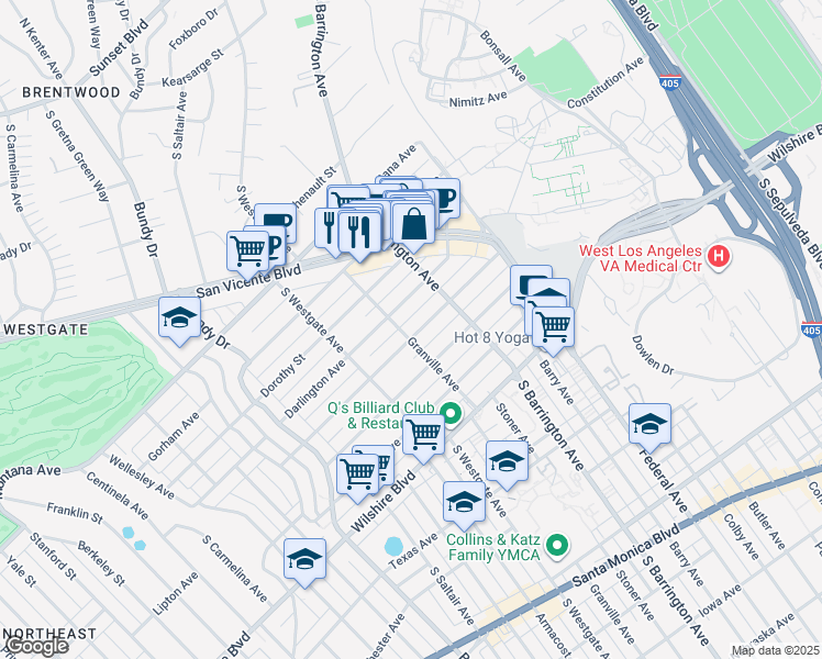 map of restaurants, bars, coffee shops, grocery stores, and more near 980 Granville Avenue in Los Angeles