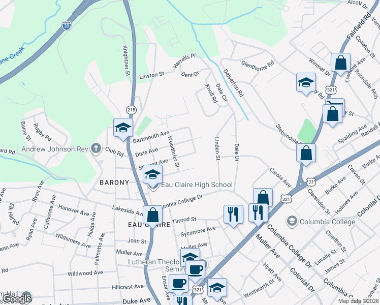 map of restaurants, bars, coffee shops, grocery stores, and more near 928 Dixie Avenue in Columbia