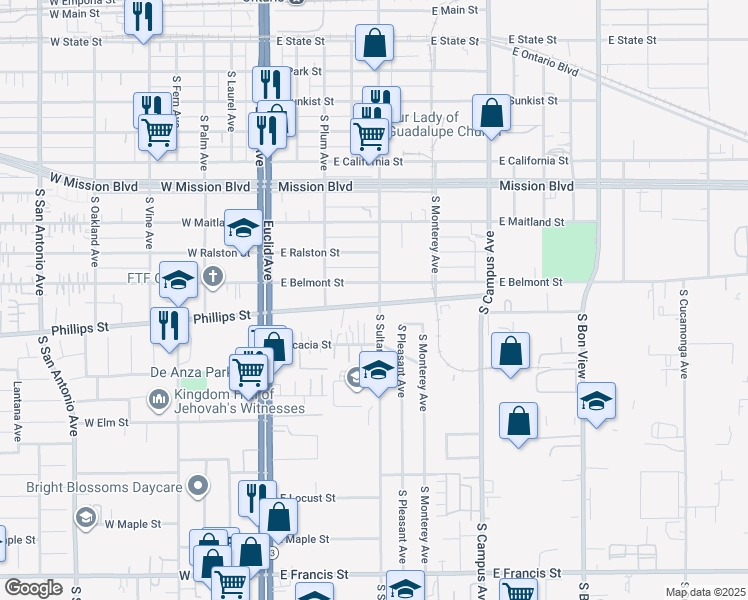 map of restaurants, bars, coffee shops, grocery stores, and more near 1218 South Sultana Avenue in Ontario