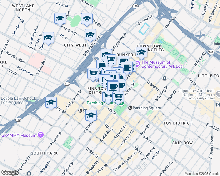 map of restaurants, bars, coffee shops, grocery stores, and more near 633 West 5th Street in Los Angeles