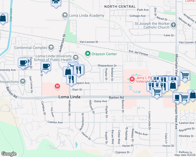 map of restaurants, bars, coffee shops, grocery stores, and more near 11170 Richmont Road in Loma Linda