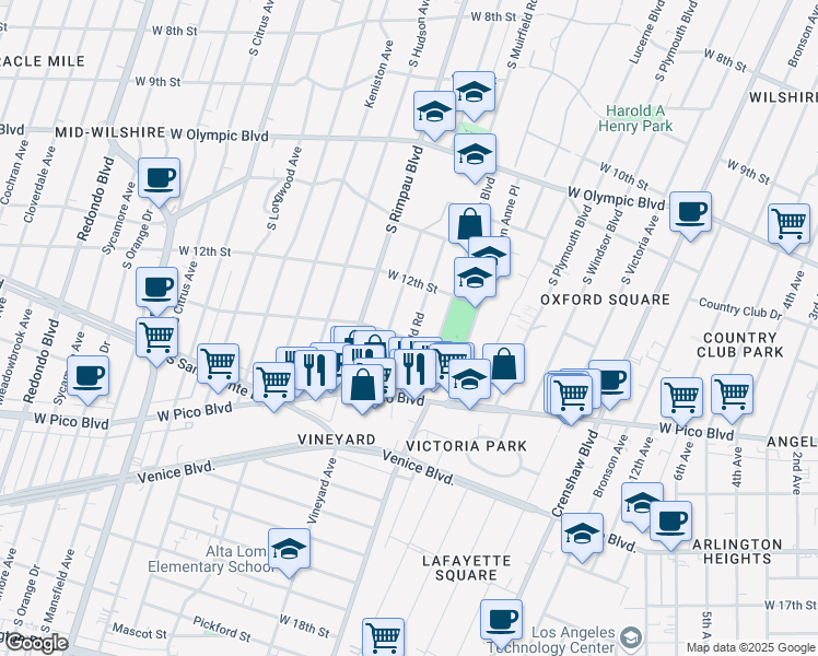 map of restaurants, bars, coffee shops, grocery stores, and more near 1241 South Muirfield Road in Los Angeles