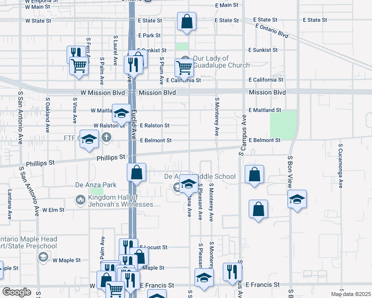 map of restaurants, bars, coffee shops, grocery stores, and more near 1218 South Sultana Avenue in Ontario