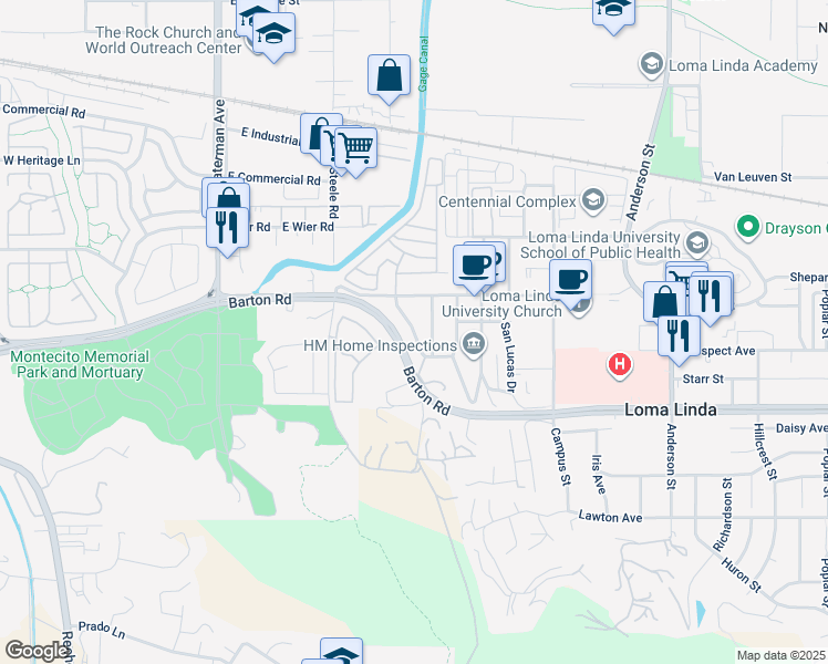 map of restaurants, bars, coffee shops, grocery stores, and more near Rosarita Drive in Loma Linda