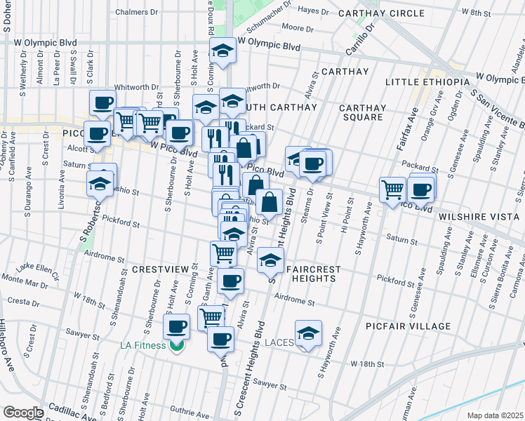 map of restaurants, bars, coffee shops, grocery stores, and more near 1464 Alvira Street in Los Angeles