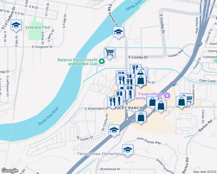 map of restaurants, bars, coffee shops, grocery stores, and more near 1077 South Santo Antonio Drive in Colton