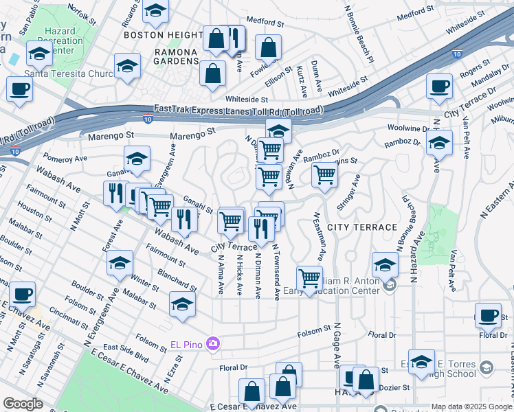 map of restaurants, bars, coffee shops, grocery stores, and more near 1172 North Ditman Avenue in Los Angeles
