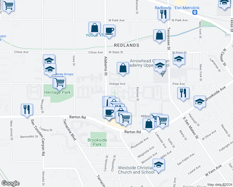 map of restaurants, bars, coffee shops, grocery stores, and more near in Redlands