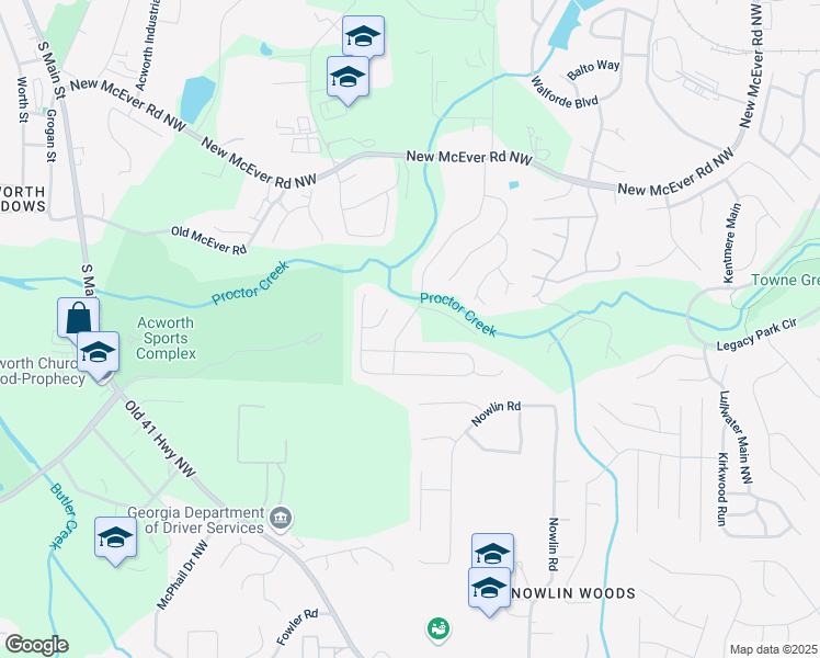 map of restaurants, bars, coffee shops, grocery stores, and more near 4146 McEver Park Drive in Acworth